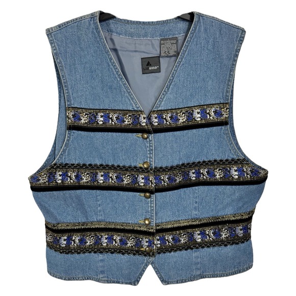 Liz Claiborne Jackets & Blazers - Vintage Lizwear Embroidered Denim Vest Size L Western Grunge‎ Boho 90s Waistcost
